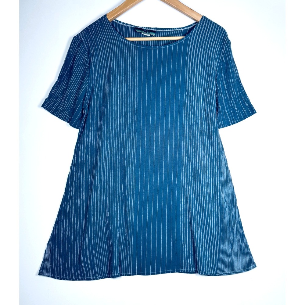 Paradise Park Top Womens Medium Blue Striped Rayon A Line Tunic Made in‎ USA